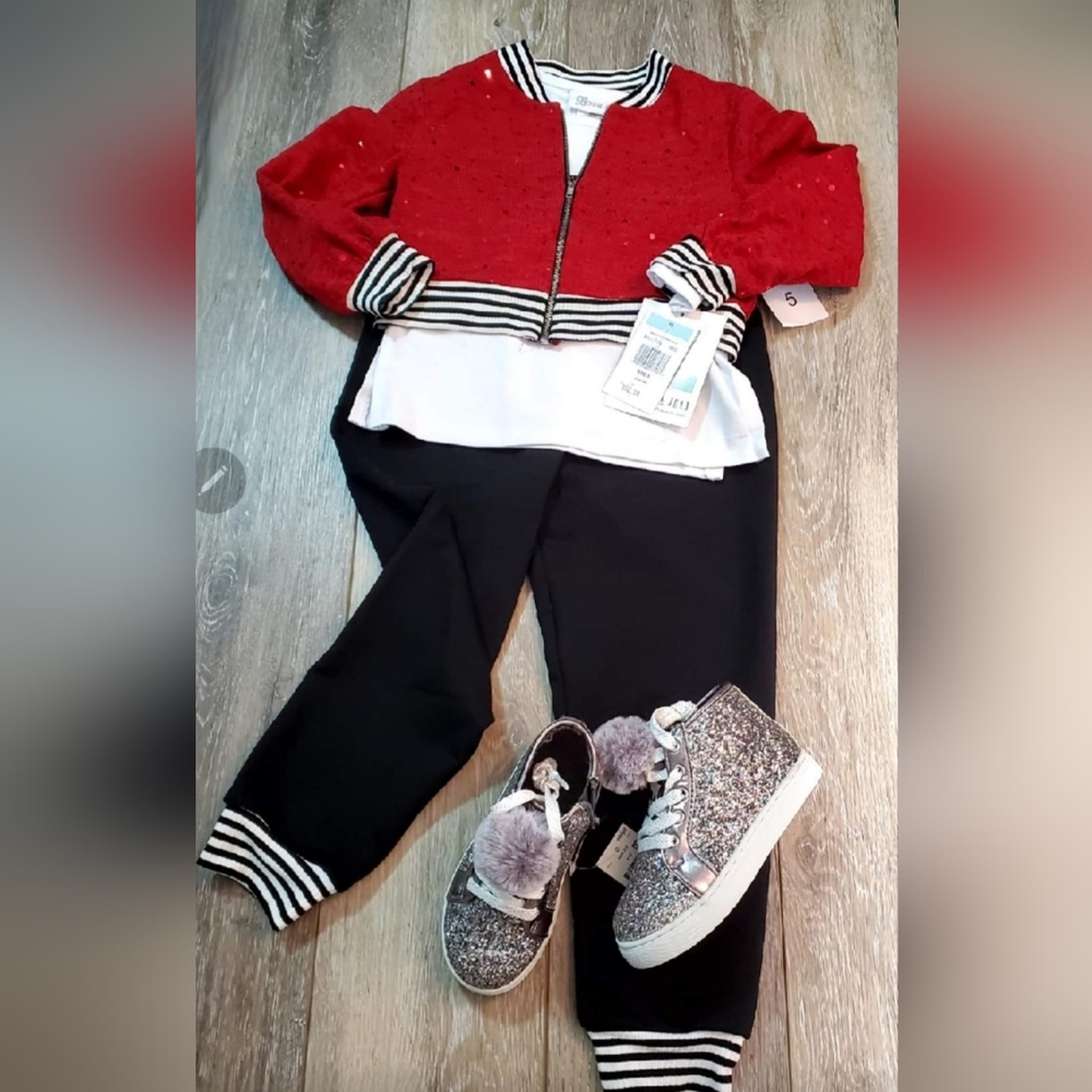 NEW Bonnie Jean girls 3 piece red, black, white blingy jogger set Size 5